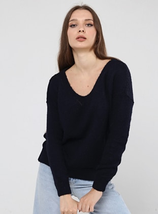 Navy Blue - Unlined - V neck Collar - Knit Sweaters - Nare