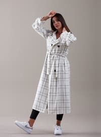 Ecru - Checkered - Fully Lined - Shawl Collar - Trench Coat