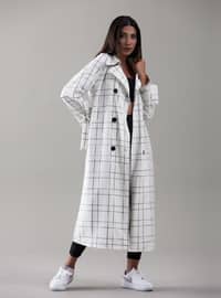 Ecru - Checkered - Fully Lined - Shawl Collar - Trench Coat