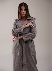Gray - Plaid - Fully Lined - Shawl Collar - Trench Coat