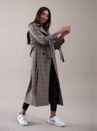 Gray - Plaid - Fully Lined - Shawl Collar - Trench Coat