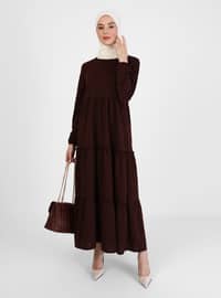 Modest Dress With Elastic Sleeve Ends Brown