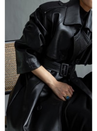 Black - Fully Lined - V neck Collar - Trench Coat