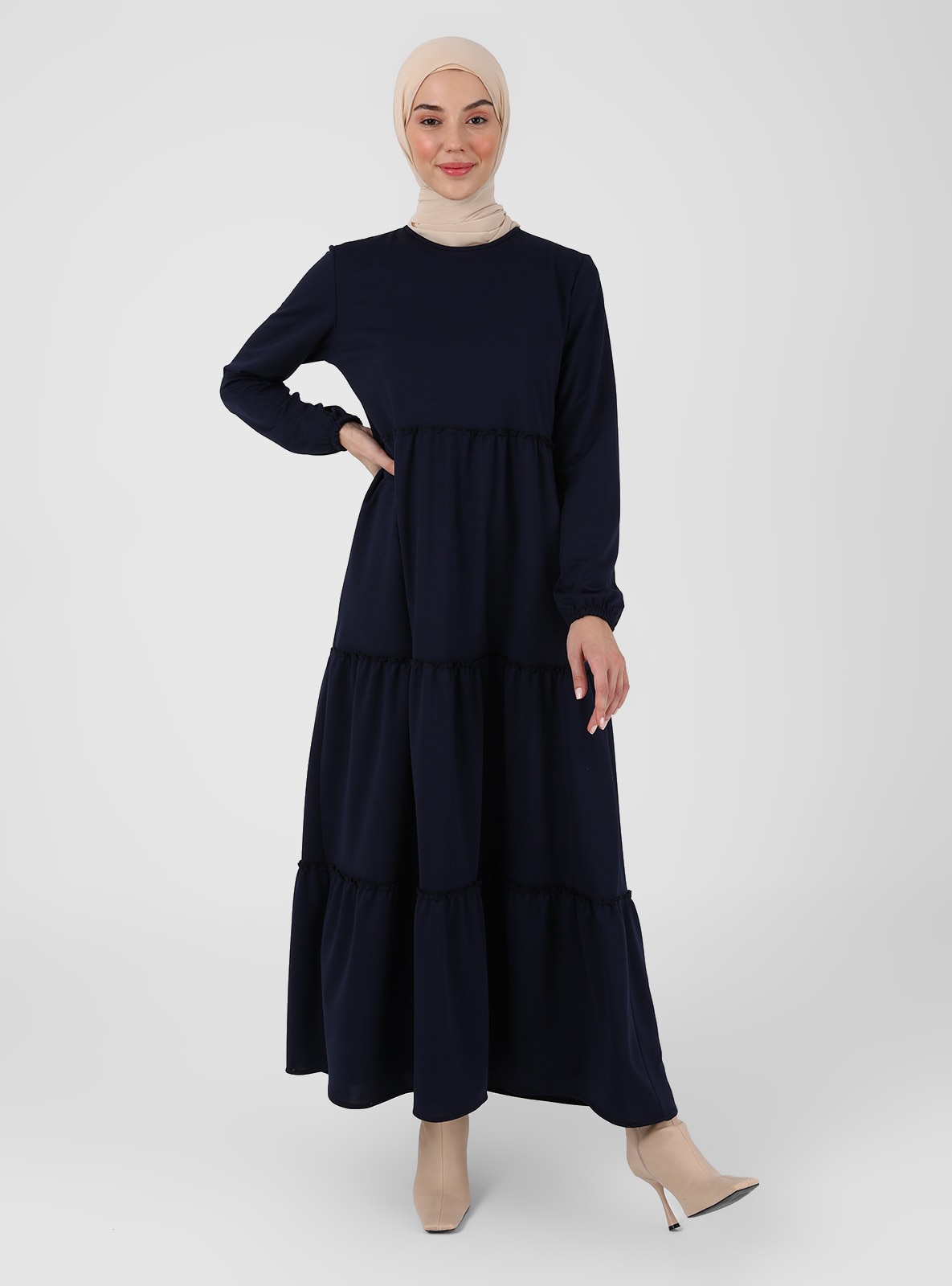 Modest Dress With Elastic Sleeve Ends Navy Blue