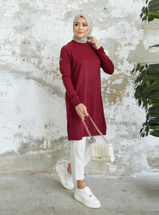 Button Detailed Slit Sweater Tunic Burgundy