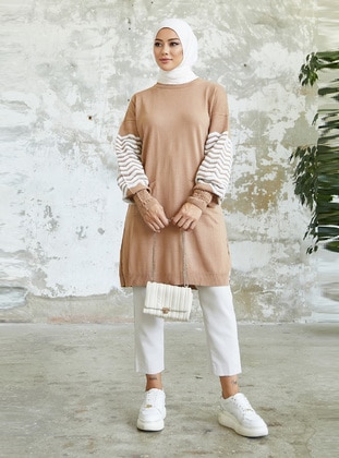 Pocket Detailed Sweater Tunic Milky Coffee Color