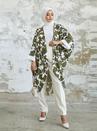 Patterned Oversized Kimono Khaki