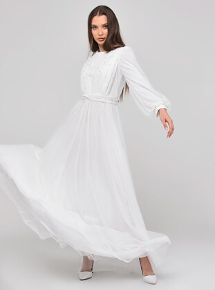White - Fully Lined - Crew neck - Modest Evening Dress - Asee`s