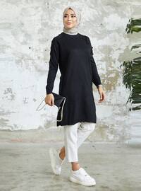 Button Detailed Slit Sweater Tunic Black