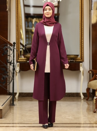 Purple - Crew neck - Unlined - Plus Size Evening Suit - Azra Design