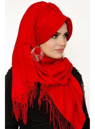 Cotton Hat And Shawl Red Instant Scarf