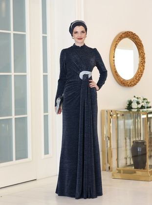 Navy Blue - Fully Lined - Crew neck - Modest Evening Dress - Ahunisa