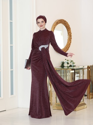 Maroon - Fully Lined - Crew neck - Modest Evening Dress - Ahunisa