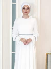 White - Fully Lined - Crew neck - Modest Evening Dress