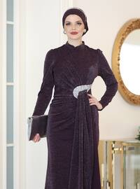 Purple - Fully Lined - Crew neck - Modest Evening Dress