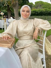 Jacquard Hijab Evening Dress Ecru