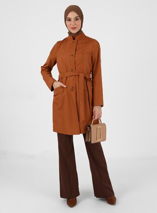 Tan - Fully Lined - Crew neck - Trench Coat - Olcay