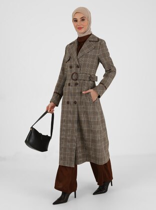 Tan - Plaid - Fully Lined - Double-Breasted - Topcoat - Olcay