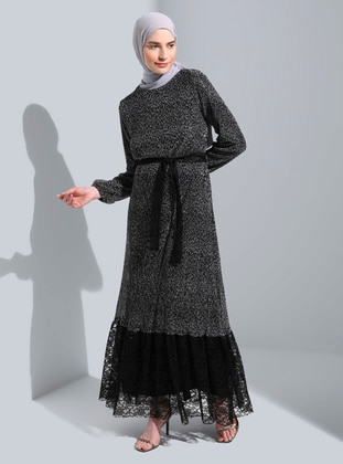 Belt Detailed Patterned Modest Dress Gray