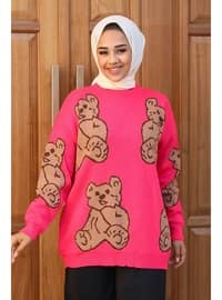 Cise Teddy Bear Patterned Sweater Tunic Fuchsia