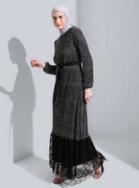 Belt Detailed Patterned Modest Dress Gray