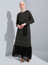 Brown - Multi - Crew neck - Fully Lined - Modest Dress