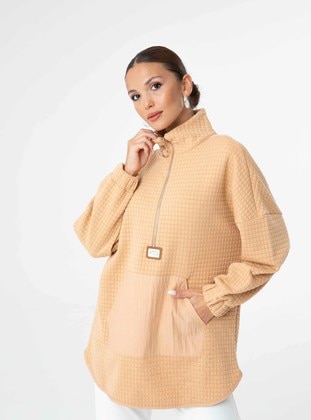 Zippered Collar Front Pocket Detailed Sweatshirt Camel Feather