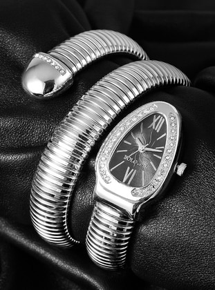 Elegant Snake Modeled Watch Silver Color Color Black