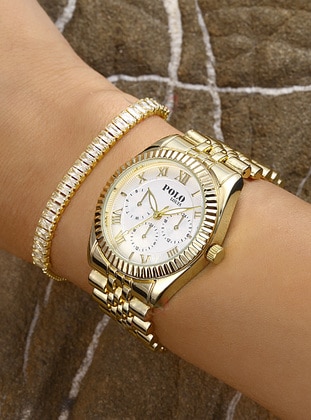 Louis Women's Watch Baguette Bracelet Gift Set Gold Color