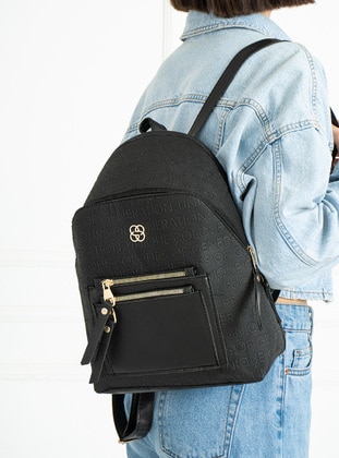 Patterned Pocket Detailed Backpack Black