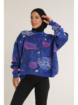 Women's Oversızed Comfortable Fıt Crew Neck Floral Patterned Knit Sweater Sax