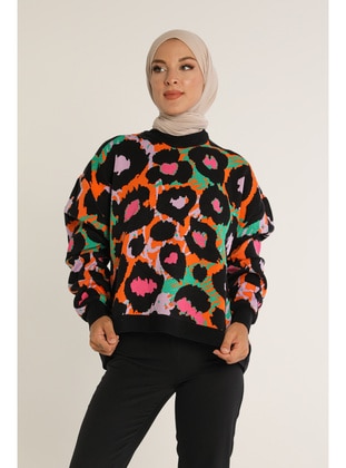 Women Oversıze Comfortable Fıt O Neck Floral Prınt Knit Sweater Black