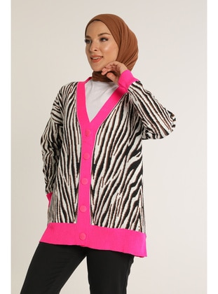 Women Oversıze Comfortable Fıt Zebra Prınt Knit Knıt Sweater Fuchsıa