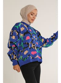 Women's Oversızed Comfortable Fıt Crew Neck Floral Patterned Knit Sweater Sax
