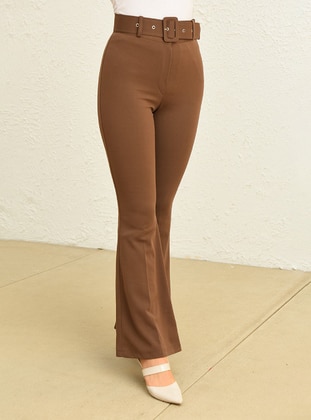 Scuba Crepe Belt Detailed Flared Fabric Trousers Brown