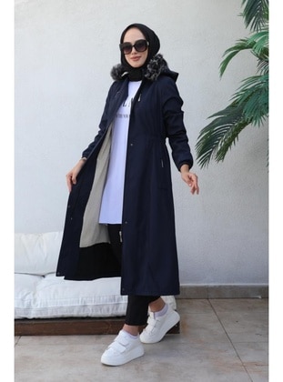 Drawstring Waist Bondit Hijab Coat Navy Blue