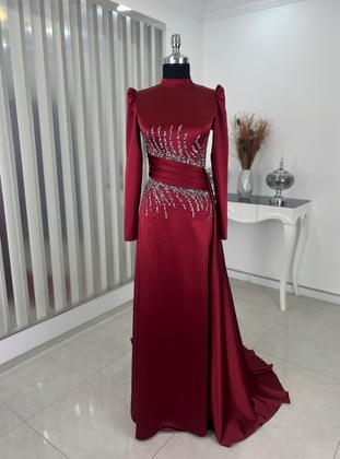 Ceyla Tail Hijab Evening Dress Burgundy