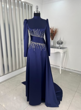 Navy Blue - Unlined - Crew neck - Modest Evening Dress - Rana Zenn