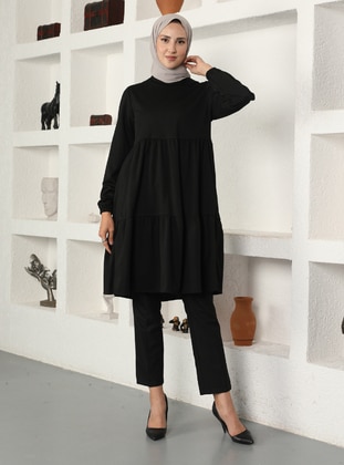 Tunic With Elastic Sleeve Ends Black