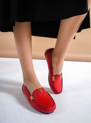 Flat - Casual - Red - Faux Leather - Casual Shoes - Ayakkabı Havuzu