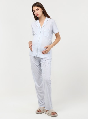 Blue - Stripe - Maternity Pyjamas - Ladymina Pijama