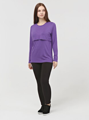 Purple - Crew neck - Maternity Blouses Shirts - Ladymina Pijama