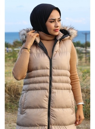 Afra Double Pocket Hooded Hijab İnflatable Vest 350 Stone