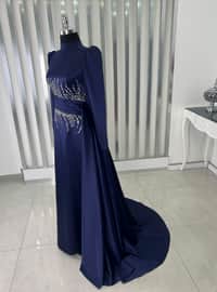 Ceyla Tail Hijab Evening Dress Navy Blue