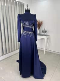 Ceyla Tail Hijab Evening Dress Navy Blue