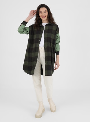 Plaid Snap Fastened Button Tunic Green