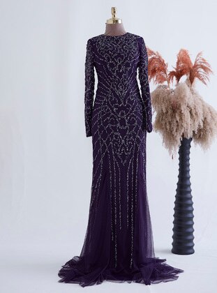 Purple - Fully Lined - Crew neck - Modest Evening Dress - LARACHE