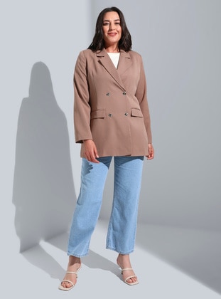 Beige - Double-Breasted - Fully Lined - Plus Size Jacket - Alia