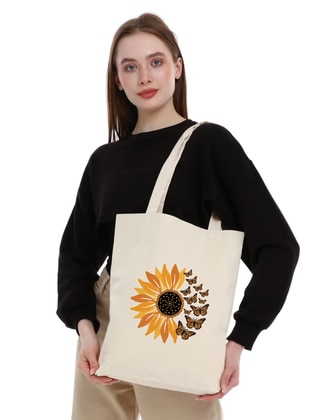 Canvas Daisy And Butterflies Printed Tote Bag Beige