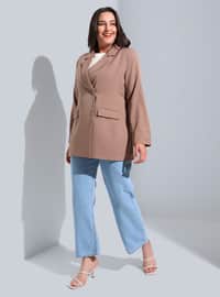 Beige - Double-Breasted - Fully Lined - Plus Size Jacket
